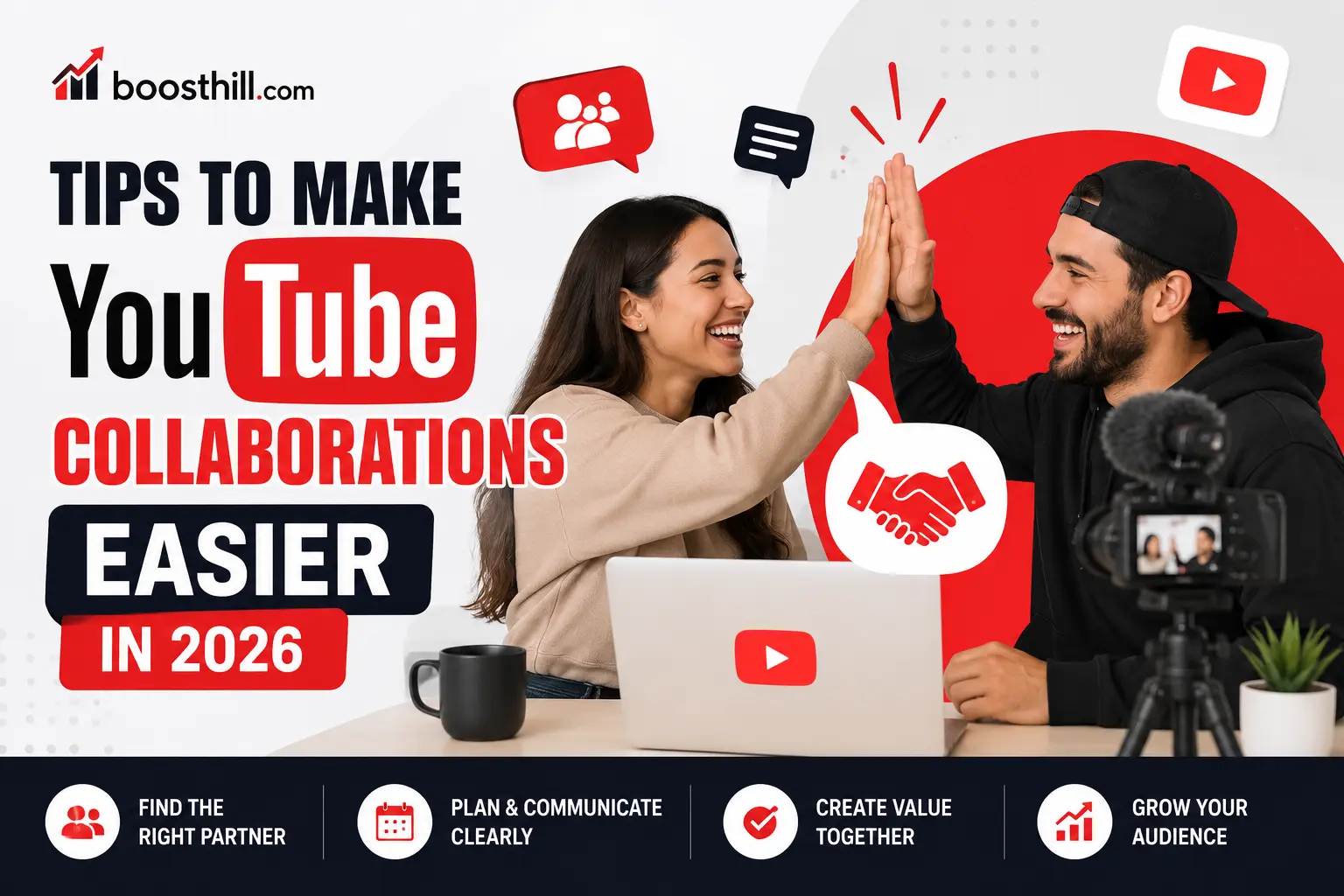 Tips to Make YouTube Collaborations Easier in 2026 Featured image for the Social WOW guide on making YouTube collaborations easier — two creators high-fiving at a desk with a laptop and a camera on a tripod.