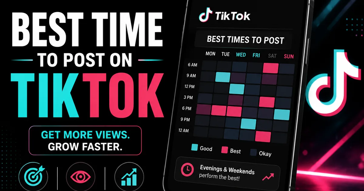The Best Time to Post on TikTok in 2026 (With Honest Caveats) Illustrated Social WOW guide titled Best Time to Post on TikTok, showing a phone with a weekly heatmap of best posting times and tips to reach more viewers