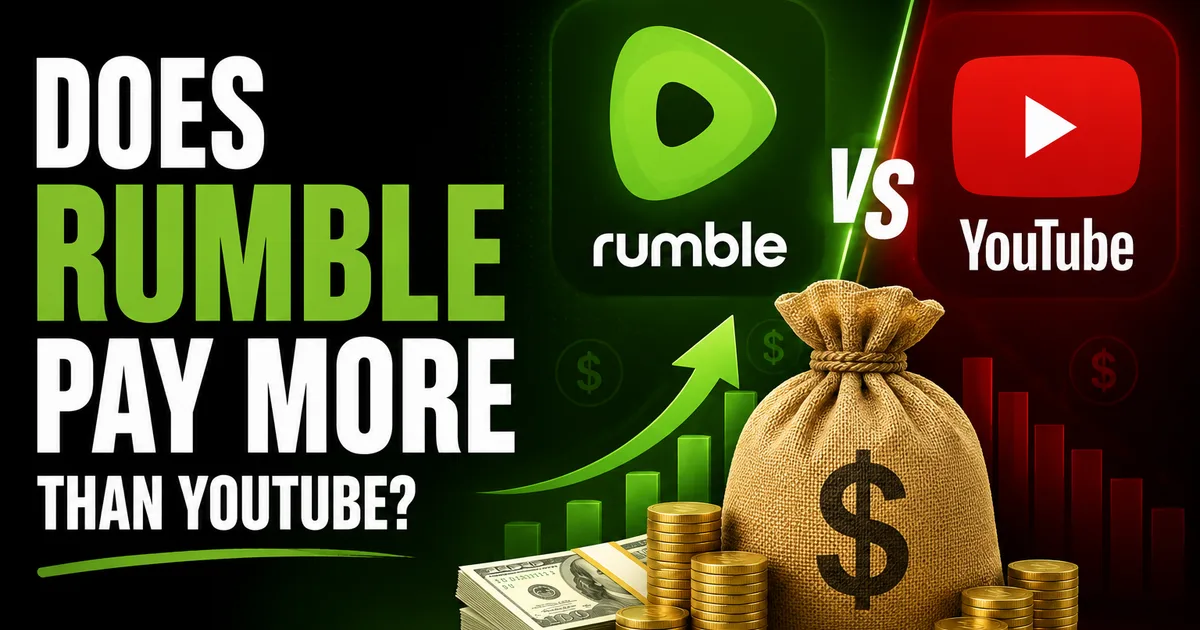 Does Rumble Pay More Than YouTube? An Honest Look (2026) Social WOW comparison graphic, Does Rumble Pay More Than YouTube, contrasting the two video platforms with rising earnings charts and a bag of money