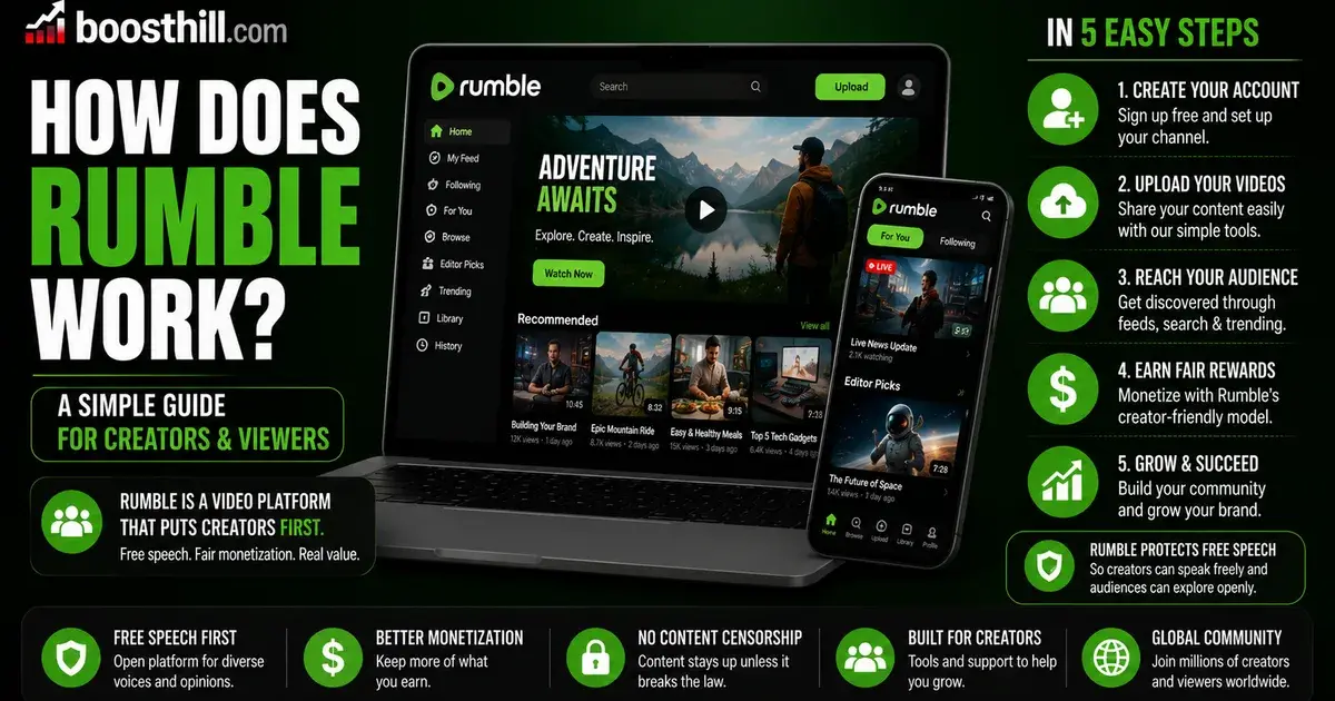 How Does Rumble Work? Illustrated Social WOW guide titled How Does Rumble Work, showing the Rumble video platform on a laptop and phone with a five-step explainer for creators and viewers