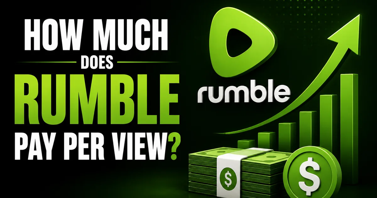 How Much Does Rumble Pay Per View? (CPM, RPM & Realistic Ranges) Illustrated Social WOW guide titled How Much Does Rumble Pay Per View, showing the Rumble logo with stacks of cash and a rising revenue chart