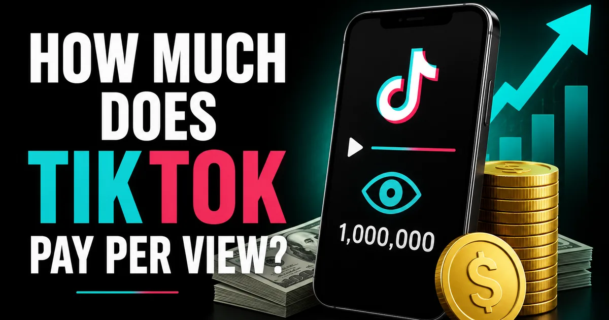 How Much Does TikTok Pay Per View in 2026? Illustrated Social WOW guide titled How Much Does TikTok Pay Per View, showing a phone with the TikTok logo, a one-million-view counter, cash and a rising earnings chart
