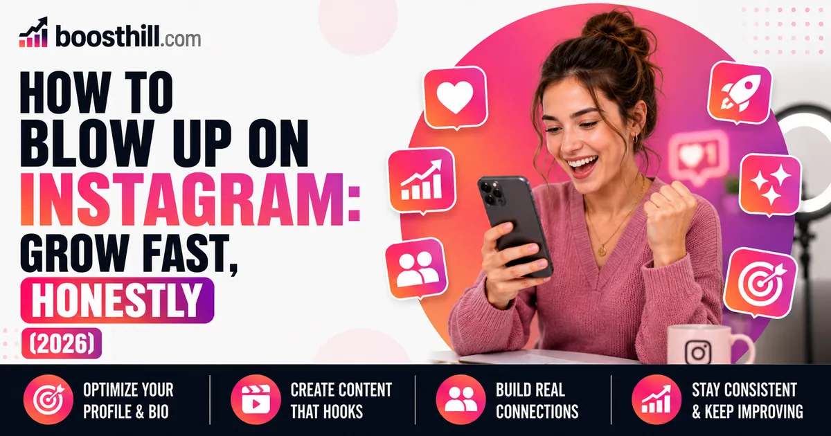 How to Blow Up on Instagram: Grow Fast, Honestly (2026) Featured image for the Social WOW guide on blowing up on Instagram — an excited creator on her phone surrounded by likes, growth and engagement icons.