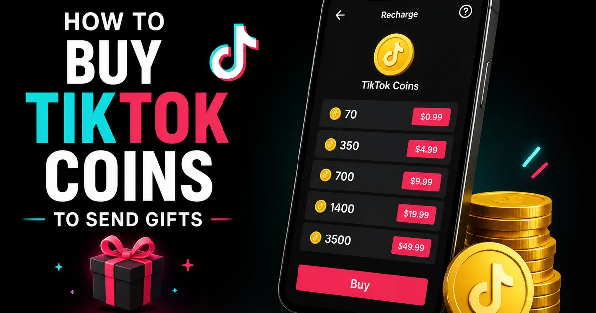 How to Buy TikTok Coins to Send Gifts (2026 Guide) Illustrated Social WOW guide titled How to Buy TikTok Coins to Send Gifts, showing a phone on the TikTok Coins recharge screen with coin bundles, prices and a gift box