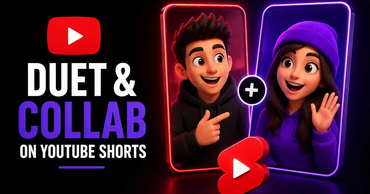 How to Duet and Collab on YouTube Shorts in 2026 Featured image for the Social WOW guide on duets and collabs on YouTube Shorts — two creators on side-by-side phone screens joined by a plus sign above the red YouTube logo