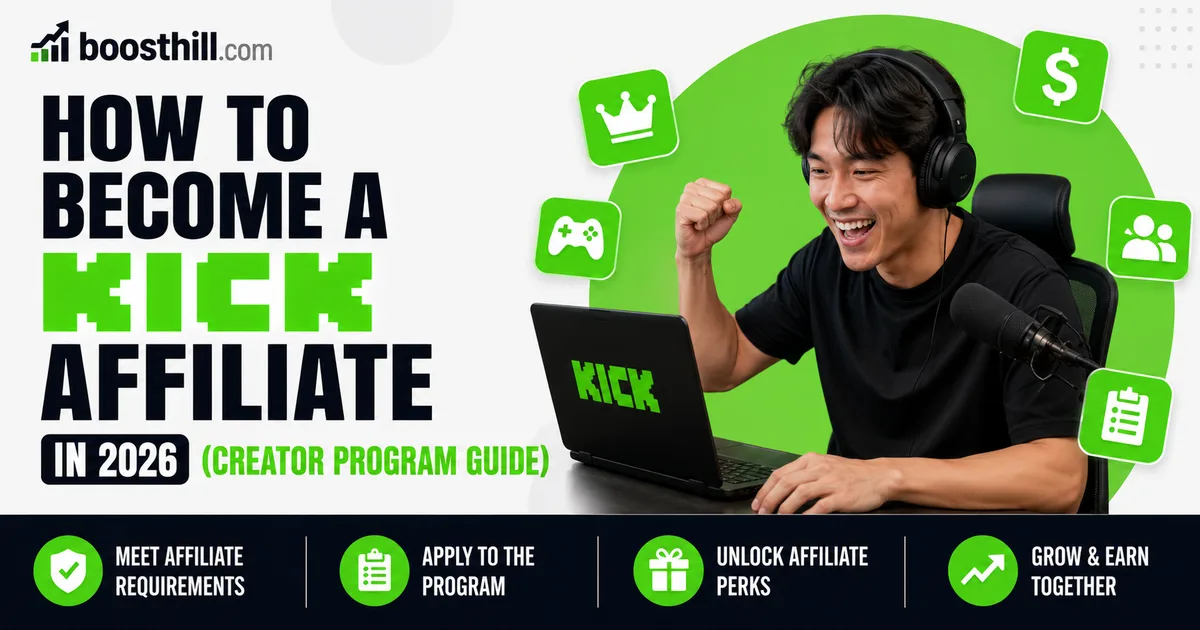 How to Become a Kick Affiliate in 2026 (Creator Program Guide) Featured image for the Social WOW guide to becoming a Kick Affiliate — an excited creator celebrating at a desk with headphones, a microphone, and a laptop showing the Kick logo.