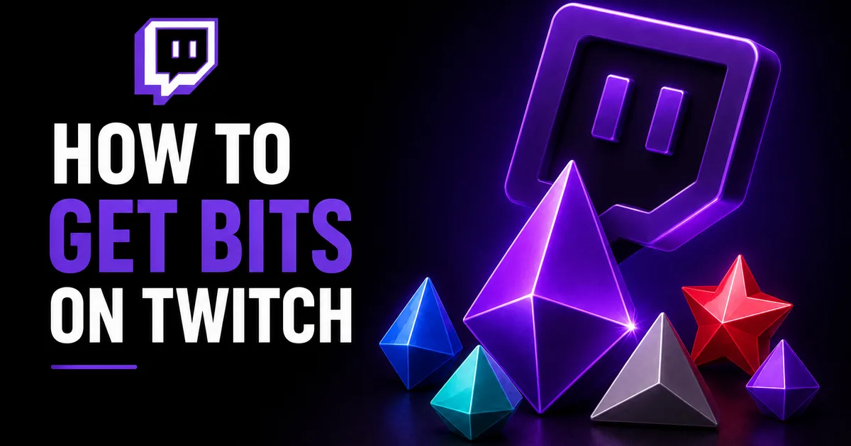How to Get Bits on Twitch: A 2026 Guide for Viewers and Streamers Featured image for the Social WOW guide on getting Bits on Twitch — the purple Twitch logo above a cluster of glowing gem-like Bits in blue, purple, red and teal