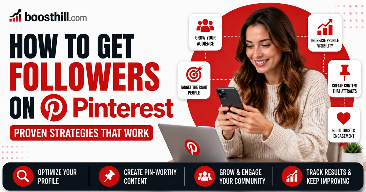 How to Get Followers on Pinterest: 2026 Growth Guide Featured image for the Social WOW guide on getting Pinterest followers — a creator on her phone with Pinterest audience-growth and engagement icons.