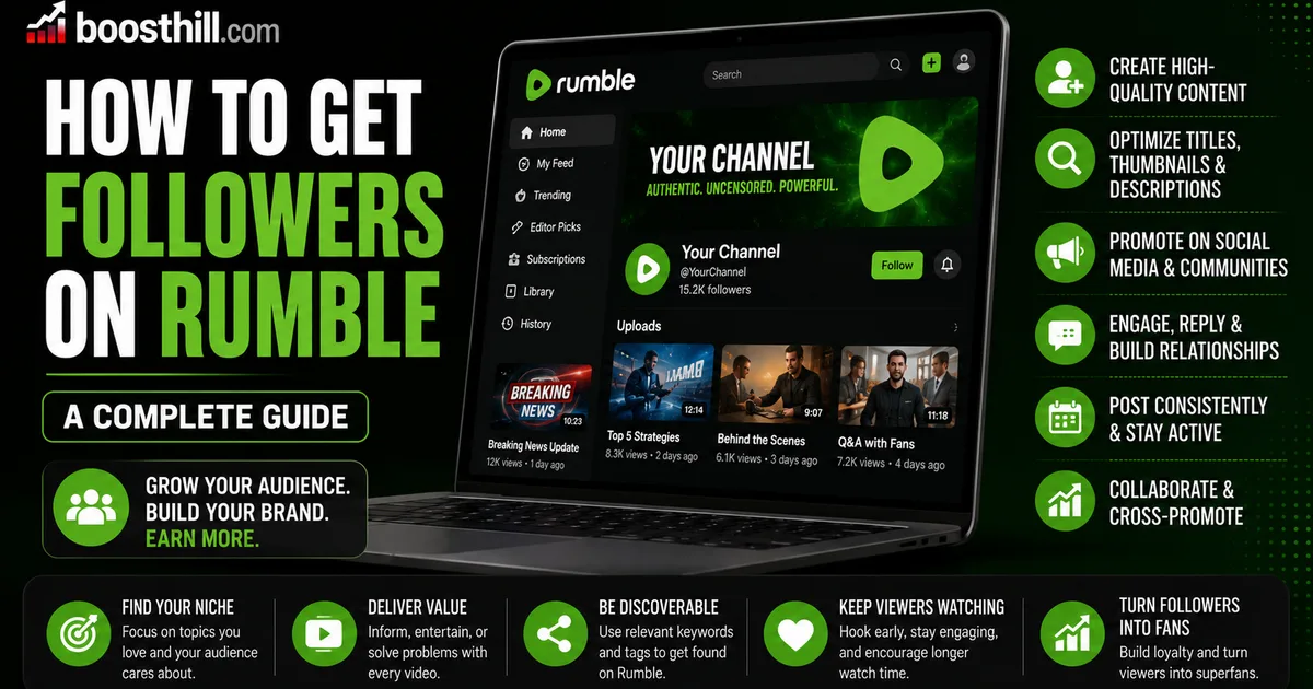 How to Get Followers on Rumble: A Practical 2026 Guide Illustrated Social WOW guide titled How to Get Followers on Rumble, showing a creator channel on Rumble with growth tips for content, titles, promotion and consistency