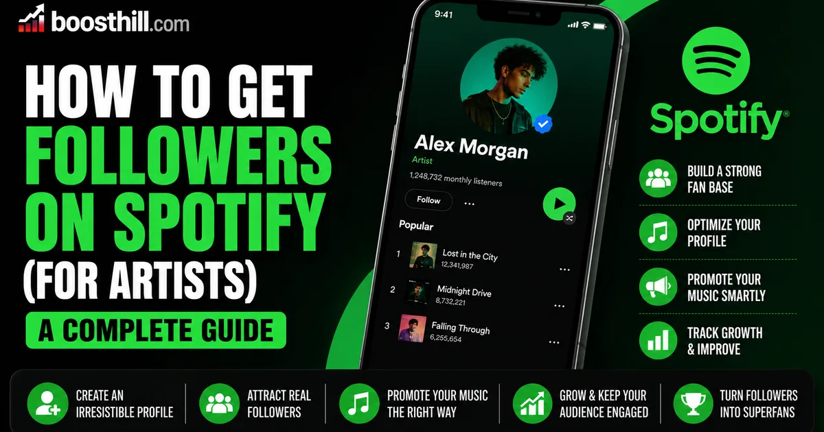 How to Get Followers on Spotify (For Artists) in 2026 Featured image for the Social WOW guide on getting Spotify followers as an artist — a Spotify artist profile on a phone with fan-growth and profile-optimization icons.
