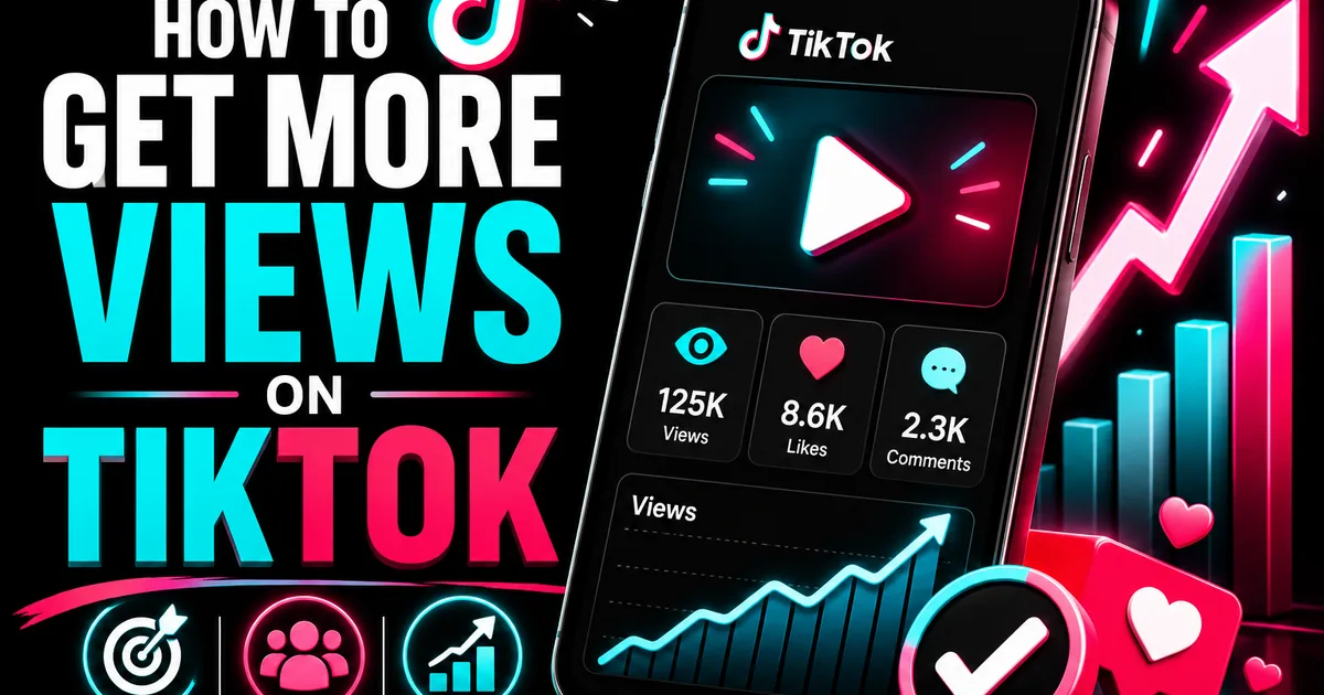 How to Get More Views on TikTok in 2026 Illustrated Social WOW guide titled How to Get More Views on TikTok, showing a phone with rising views, likes and comments on a growth chart