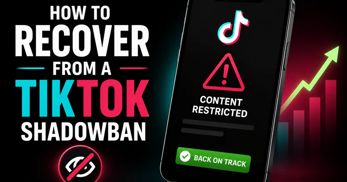 How to Recover From a TikTok Shadowban in 2026 Illustrated Social WOW guide titled How to Recover From a TikTok Shadowban, showing a phone with a content-restricted warning and a back-on-track recovery path