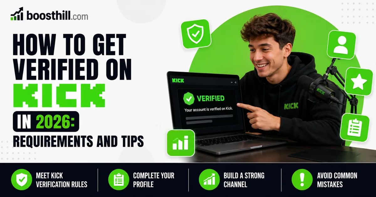 How to Get Verified on Kick in 2026: Requirements and Tips Featured image for the Social WOW guide to getting verified on Kick — a smiling creator pointing at a laptop that shows a green Kick 'Verified' badge.