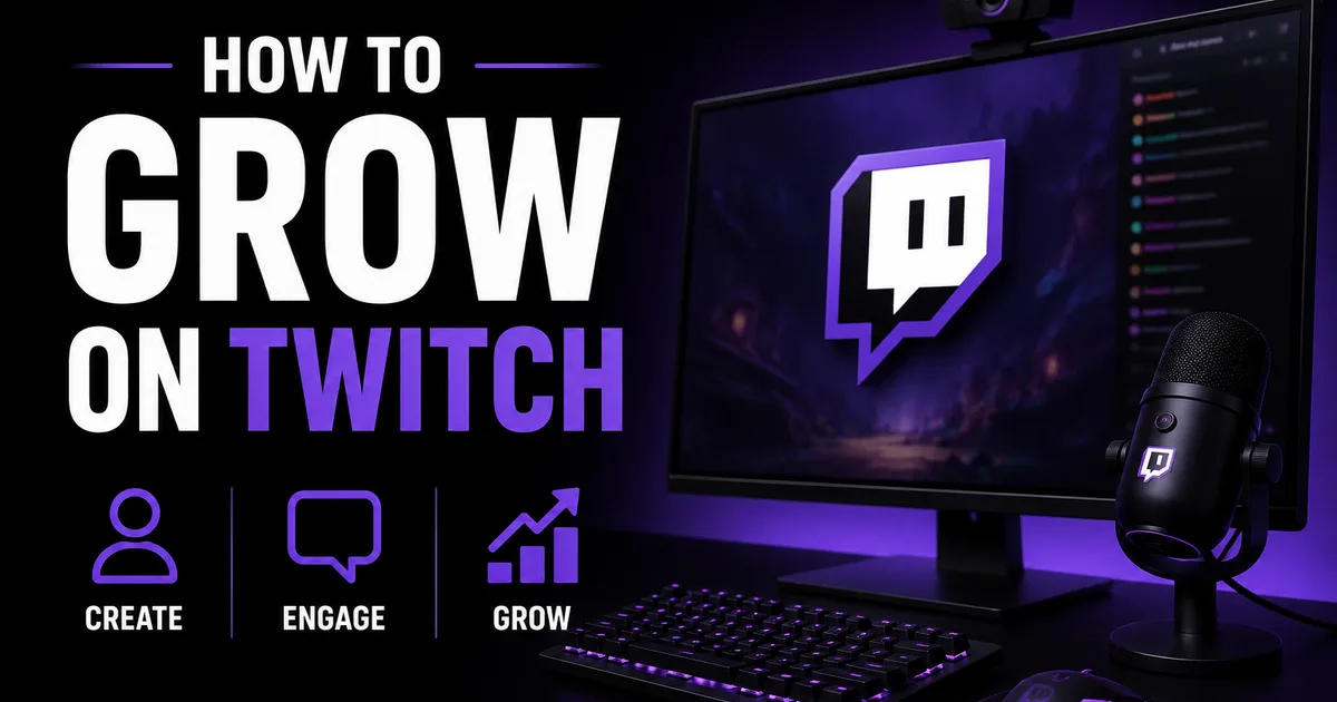 How to Grow on Twitch in 2026: A Practical Guide for New Streamers Illustrated Social WOW guide titled How to Grow on Twitch, showing a streaming setup with monitor, mic and webcam plus create, engage and grow steps