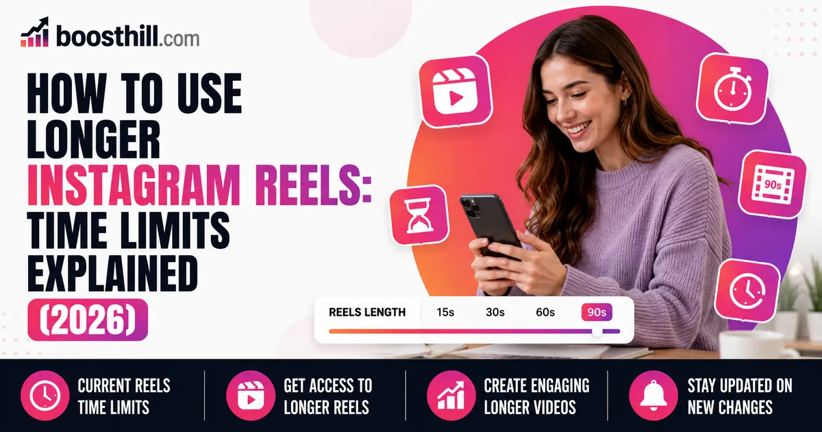 How to Use Longer Instagram Reels: Time Limits Explained (2026) Featured image for the Social WOW guide on using longer Instagram Reels — a creator watching Reels on her phone beside a length selector showing 15s, 30s, 60s and 90s options.