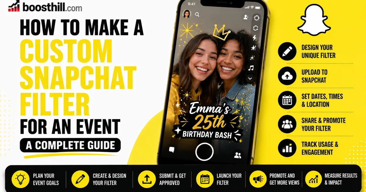 How to Make a Custom Snapchat Filter for an Event Featured image for the Social WOW guide on making a custom Snapchat filter for an event — a phone showing a birthday Snapchat geofilter with design and promotion steps.