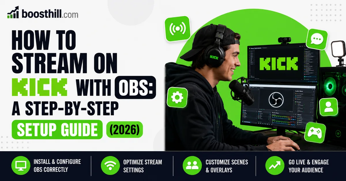 How to Stream on Kick With OBS: A Step-by-Step Setup Guide (2026) Featured image for the Social WOW guide on streaming to Kick with OBS — a headphone-wearing creator at a dual-monitor setup with OBS Studio open and a microphone.