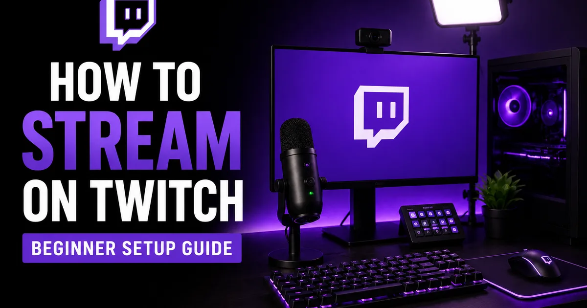 How to Stream on Twitch: A Beginner's Setup Guide for 2026 Illustrated Social WOW guide titled How to Stream on Twitch, a beginner setup guide showing a streaming desk with monitor, microphone, key light and keyboard