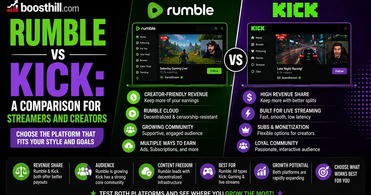 Rumble vs Kick: A Comparison for Streamers and Creators (2026) Social WOW comparison graphic, Rumble vs Kick for streamers and creators, contrasting revenue share, live streaming, community and growth potential