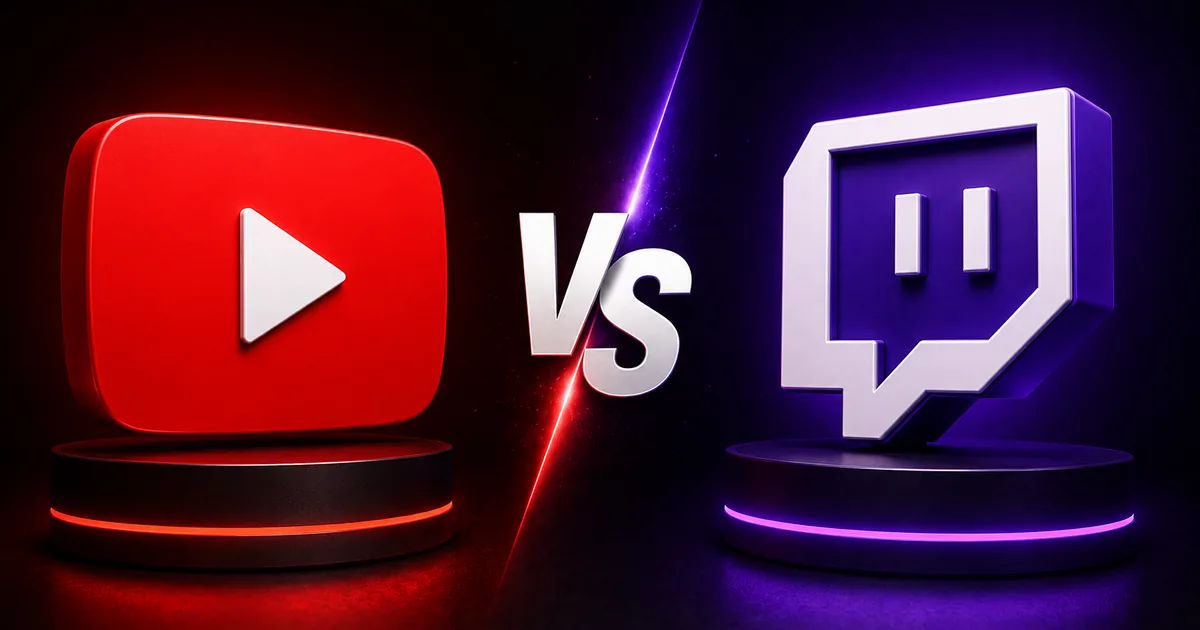 YouTube vs. Twitch for Streamers: A 2026 Comparison Social WOW comparison graphic, YouTube vs Twitch for streamers, contrasting the red YouTube play button and the purple Twitch logo on lit podiums with a VS divider